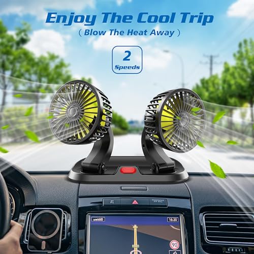 Ventilador ajustable doble cabezal para coche, rotación de 360°