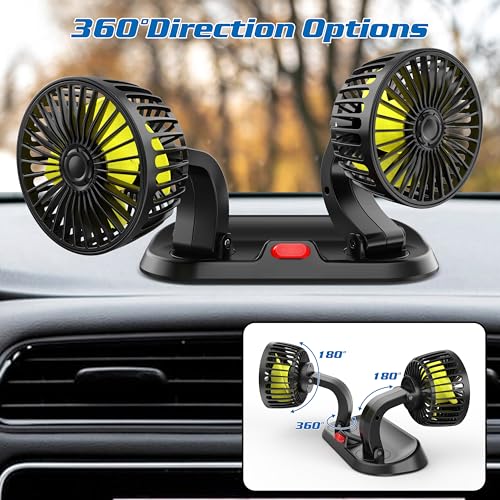Ventilador ajustable doble cabezal para coche, rotación de 360°